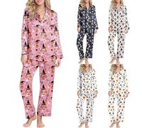 HUIFUAO Woman Halloween Pajamas Scary Pumpkin Ghost Nightwear Funny Halloween Costumes Skeleton Print 2 Piece Pjs Sleepwear Long Sleeve Shirts and Trousers Pants Loungewear (White, XXL)