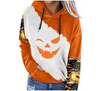 HUIFUAO Women Halloween Sweatshirt Scary Ghost Hoodies Devil Face Pullover Plus Size Halloween Costumes Pumpkin Shirts Long Sleeve Tops with Pockets (Z05-White, XXL)