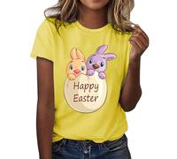 HUIFUAO Womens Easter Tshirt Round Neck Easter Bunny Eggs Print Short Sleeve T Shirt Ladies Easter Tops Womens Plus Size Easter Outfits (Yellow, L)