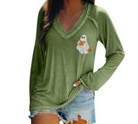 HUIFUAO Women's Halloween Costumes Oversized Witch T Shirts Scary Halloween Shirts V Neck Long Sleeve Tops Festival Clothes Outfits (Z04 Green, XL)