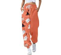 HUIFUAO Womens Halloween Outfits Plus Size Ghost Pumpkin Sweatpants Funny Halloween Costumes Bat Print Joggers Elastic Waist Festival Trousers Baggy Tracksuit Bottoms with Pockets (Orange-S)