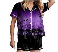 HUIFUAO Womens Halloween Pajama Sets Funny Pumpkin Ghost Nightwear Scary Halloween Costumes Plus Size 2 Piece Pjs Skeleton Sleepwear Short Sleeve Shirts and Shorts Loungewear (Purple, S)