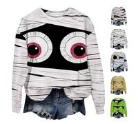 HUIFUAO Women's Halloween Shirts Funny Bandage Mummy Shirts Plus Size Halloween Costumes Long Sleeve Pullover Crew Neck Tops Horror Festival Clothes Outfits (White, XXL)