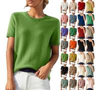HUIFUAO Womens Jumpers Summer Short Sleeve V Neck Sweater Basic Elegant Pullover Lightweight Tops Sweatshirts (A01-Green, S) Lightening Deals