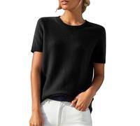 HUIFUAO Womens Knitted Jumpers Plus Size Short Sleeve Sweaters Summer Basic Elegant Tops T Shirt Black Crew Neck Pullover