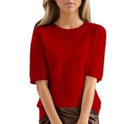 HUIFUAO Womens Knitted Jumpers Plus Size Short Sleeve Sweaters Summer Basic Elegant Tops T Shirt Black Crew Neck Pullover (Red #1, XL)