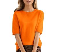 HUIFUAO Womens Knitted Jumpers Plus Size Short Sleeve Sweaters Summer Basic Elegant Tops T Shirt Black Crew Neck Pullover (Orange #1, S)