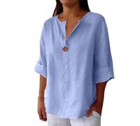 HUIFUAO Women's Linen Tops Cotton V Neck Plus Size 3/4 Sleeve Shirt Summer Basic Blouse Loose Tunic (A03 Sky Blue, XXXXXL)