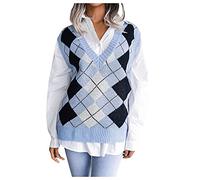 HUIFUAO Womens Sweater Vest Plus Size Knitted Waistcoats V Neck Sleeveless Argyle Jumpers Basic Lightweight Pullover Soft Tank Tops (Blue, L)