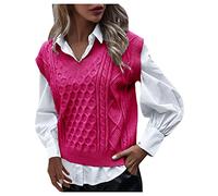 HUIFUAO Women's Sweater Vests Plus Size Knitted Waistcoats V Neck Sleeveless Argyle Jumpers Basic Lightweight Pullover Soft Tank Tops (Z12-Hot Pink, XL)