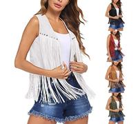 HUIFUAO Womens Western Tops Vintage Rivet Tassel Waistcoat Sleeveless Western Clothing Cowgirls Outfits 70s Hippie Jacket Suede Gilet Crop Tops (Black, XXL) Deals Of The Day Clearance Prime