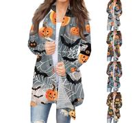 HUIFUAO Work Halloween Costumes for Women Funny Pumpkin Bat Graphic Halloween Costumes Long Sleeve Open Front Lightweight Jumpers Outerwear Festival Kimono Sweaters Coats (Grey, XXXXXL)