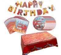 Huiguli Fireman Party Tableware Set, 44 Pcs Birthday Tableware with Banner Plates Napkins Tablecloth, Kids' Party Tableware for Themed Celebrations, Serves 10