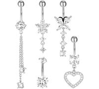 Huiguli Silver Belly Button Bars 10mm, 5pcs Stainless Steel Belly Button Ring, Belly Button Piercing Jewellery, Heart Butterfly Dangle for Women Girl
