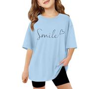 Huihong Girls Short Sleeve T Shirts Kids Round Neck Comfy Summer Fashion Graphic Tshirts Teens Girls Casual Athletic Loose School Cute Cartoon Tunic Tops 3-14 Years (Light Blue, 11-12 Years)