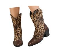 Huihong Womens Mid Calf Boots Leopard Print Pointed Toe Block Heel Pull On | Ladies Animal Spot Shoe, Party Evening Wear, Trendy Comfort Fit, Soft Lined Bootie, Everyday Autumn Style.