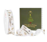 HUIHUANG 1" Gold Merry Christmas Printed Velvet Ribbon (White, 10 Yards)