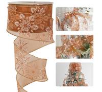 HUIHUANG Copper Snowflake Wired Sheer Wire Ribbon Burnt Orange Glitter Snowflake Ribbon for Christmas Tree, Bows Making, Wreath, Gift Wrapping, Garlands, Fall Decor - Continuous 25 Yards