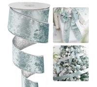 HUIHUANG Dusty Blue Velvet Wired Ribbon - 2.5 inch Blue Velvet with Glitter Silver Christmas Ribbon for Gift Wrapping, Tree Decorations, Bows, Wreaths, Garlands, Home Decor - Continuous 10 Yards
