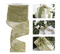HUIHUANG Moss Green Wired Ribbon 2.5 inch Green Crinkled Silk with Gold Metallic Christmas Ribbon for Wreath Supplies Wedding Holiday Christmas Tree Decor Swags Gift Wrapping -10 Yards