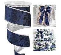 HUIHUANG Navy Blue Velvet Wired Ribbon 2.5 inch Navy Velvet Ribbon with Silver Glitter Christmas Ribbon for Gift Wrapping, Tree Decoration, Bows, Wreaths, Garland, Home Decor- Continuous 10 Yards