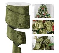 HUIHUANG Olive Green Wired Velvet Ribbon 2-1/2 inch, Green Velvet Wire Ribbon for Christmas Tree, Large Bows, Wreaths, Gift Wrapping, Garland, Home Decor, Crafts-Continuous 10 Yards/Roll