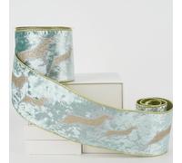 HUIHUANG Reindeer Christmas Ribbon 4 Inch Dusty Green Velvet Wired With Glitter Gold Deer, Running Reindeer for Christmas Trees, Tree Top Bows, Garland, Staircases, Wreaths - 10 Yards