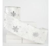 HUIHUANG White Christmas Ribbon 4 Inch Velvet Wired with Sequin Snowflakes - Silver and White for Tree Decoration, Top Bows, Garlands, Staircases, Wreaths - 10 Yards