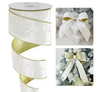 HUIHUANG White Velvet Wired Ribbon 2.5 Inch Ivory With Glitter Gold for Wrapping, Tree Decoration, Bows, Wreaths, Garlands, Home Decor - 10 Yards