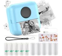 HuiJuKeJi Mini Printer, Portable Printer with Sticker and 10 Rolls of Thermal Paper and Self-Adhesive Thermal Paper Built-in 1200mAh Battery Inkless Photo Printer for Android IOS (Blue)