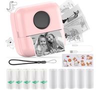 HuiJuKeJi Mini Printer, Portable Printer with Sticker and 10 Rolls of Thermal Paper and Self-Adhesive Thermal Paper Built-in 1200mAh Battery Inkless Photo Printer for Android IOS (Pink)