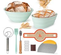 HUIJUTCHEN Sourdough Bread Baking Supplies, Sourdough Starter Kit 9 inch Round & 10 Oval Silicone Bread Basket with Silicone Bread Sling, Bread Lame, Bread Whisk, Dough Cutter & Oil Brush