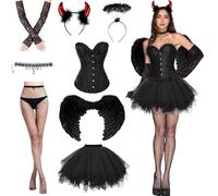HUIKUANGEU Tulle Skirt, Devil Costume, Angel and Devil Wings Costume, Halloween Costume Women, Women's Lace-up Corset Top, Black Angel Costume, Devil Wings Decoration, for Carnival, Fancy Dress, Theme