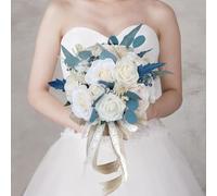 Huilimei Wedding Bouquet Hemispherical Peacock Blue Rose Artificial Bridal Bridesmaid Bouquet Romantic Wedding Flowers for Wedding Ceremonies And Church Home Decor