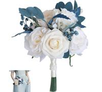 Huilimei Wedding Bouquet Small Peacock Blue Rose Artificial Bridal Bridesmaid Bouquet Romantic Wedding Flowers for Wedding Ceremonies And Church Home Decor