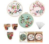 Huimai Birds Beginner Embroidery Set, 3 Pieces Cross Stitch Embroidery Kits with Floral Animal Patterns, Adult DIY Craft Embroidery Starter Kit with 3 Embroidery Hoops, Threads and Tools (Birds)