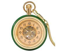 HUIMVNC Superb Jade Golden Automatic Mechanical Pocket Watch Self-Winding Clock Skeleton Dial FOB Chain Luxury with Snake Chain Times