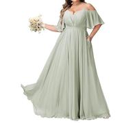 HUINI Chiffon Bridesmaid Dress Long Off Shoulder Wedding Guest Dresses Spaghetti Strap Formal Evening Gowns with Slit Sage Green UK20