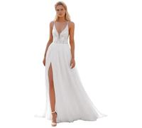 HUINI Long Wedding Dresses for the Bride Boho A-line Lace Appliques with Train Wedding Dress for Beach, White, 12