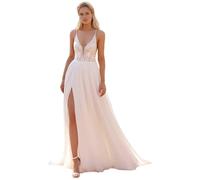 HUINI Long Wedding Dresses for the Bride Boho A-line Lace Appliques with Train Wedding Dress for Beach, ivory, 20