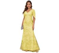 HUINI Mermaid Lace Women's Mother of the Bride Dresses for Wedding V-Neck Floor Length Formal Evening Dresses with Cap Sleeves, yellow, 14