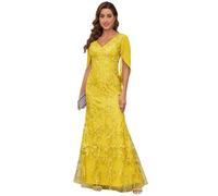 HUINI Mermaid Lace Women's Mother of the Bride Dresses for Wedding V-Neck Floor Length Formal Evening Dresses with Cap Sleeves, Mustard Yellow, 10