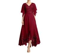 HUINI Mother of The Bride Dress Long Lace Elegant Evening Gowns for Wedding V-Neck Chiffon Formal Dress with Sleeve Wine Red