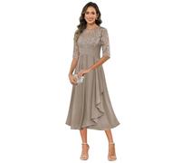 HUINI Mother of the Bride Dresses, Tea Length Chiffon Half Sleeve Ruffle Formal Evening Dresses for Wedding, taupe, 14