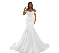 HUINI Off-shoulder tulle wedding dresses for the bride, mermaid lace appliqués, beach wedding dresses with train, White, 8