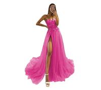 HUINI Tulle Prom Dresses Long Princess Prom Dress with Slit Evening Dress Strapless Quinceanera Party Dress, Hot pink, 8