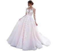 HUINI Wedding Dress Registry Office Long Sleeve Vintage Wedding Dress Boho Lace Bridal Fashion A-line with Train, A-White, 6
