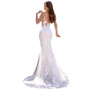 HUINI Women's Long Wedding Dress with Train Boho A-line Tulle Lace Appliques Wedding Dresses for the Bride, White, 6