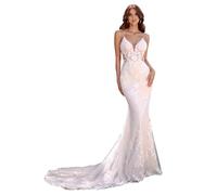 HUINI Women's Long Wedding Dress with Train Boho A-line Tulle Lace Appliques Wedding Dresses for the Bride, ivory, 6