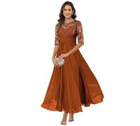 HUINI Women's Mother of the Bride Dress Chiffon Long Lace Formal Evening Dress Dresses Half Sleeve A-line Festive for Wedding, Fire Orange, 16